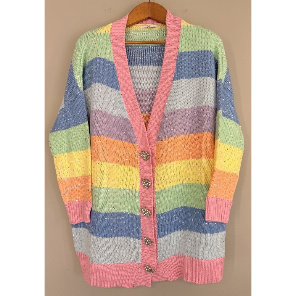 Olivia Ruben Mika Sorbet Pastel Stripe Cardigan Sweater Sz L Sequin Heart Button